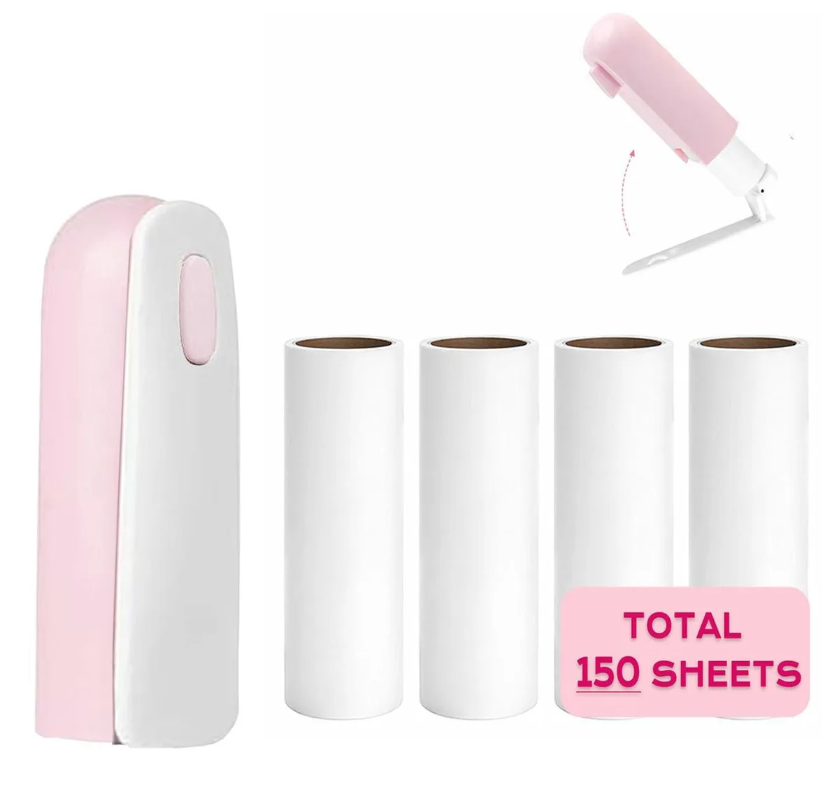 Pink foldable lint roller with cover, compact travel size, 150 sticky sheets