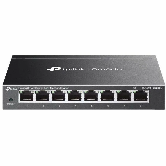 Small rectangular network switch with eight Ethernet ports, matte finish, desktop or wall mountable