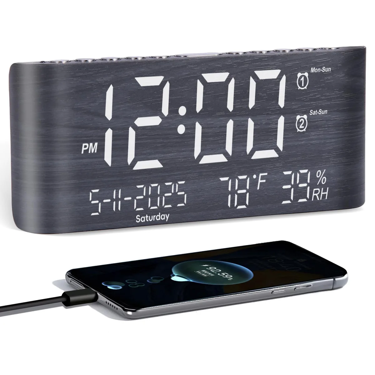 Grey digital alarm clock with wooden finish, large 8.7 inch display showing time date temperature humidity, two USB ports on side