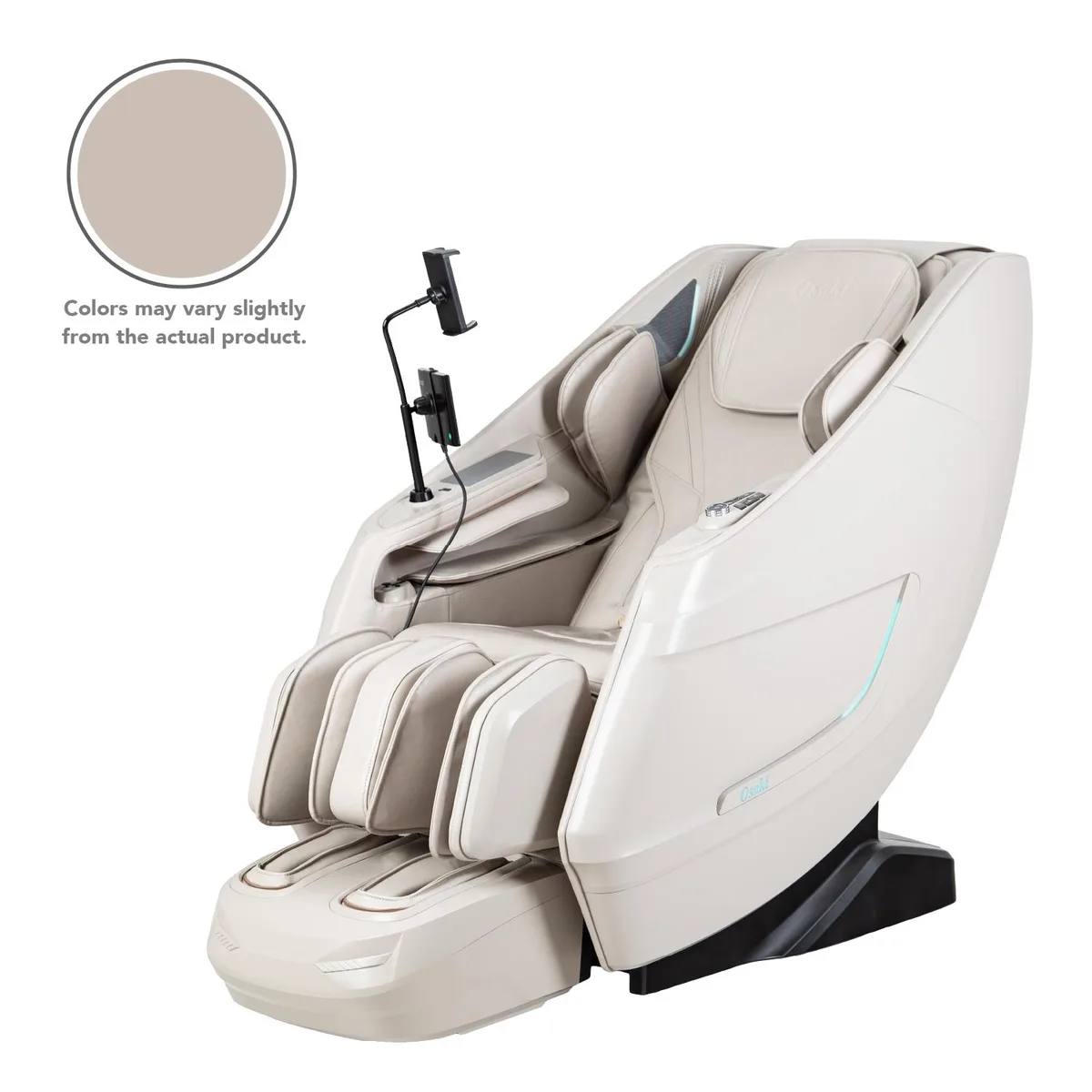 Large beige leather recliner with extended leg rest and visible side control panel