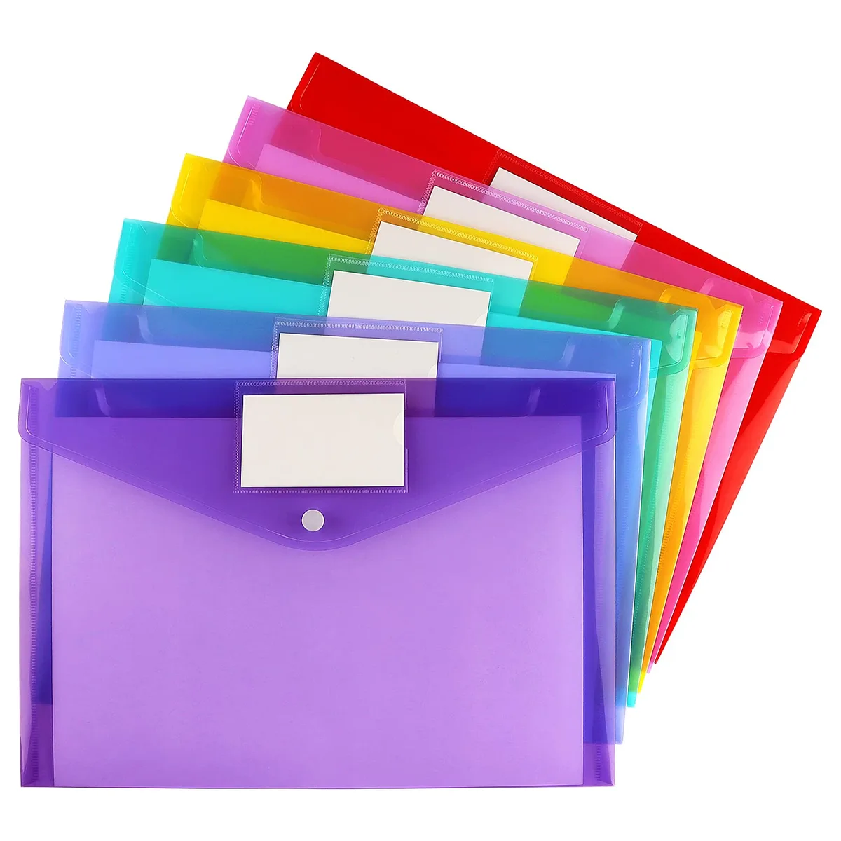 Six translucent plastic A4 folders in assorted colours with snap buttons