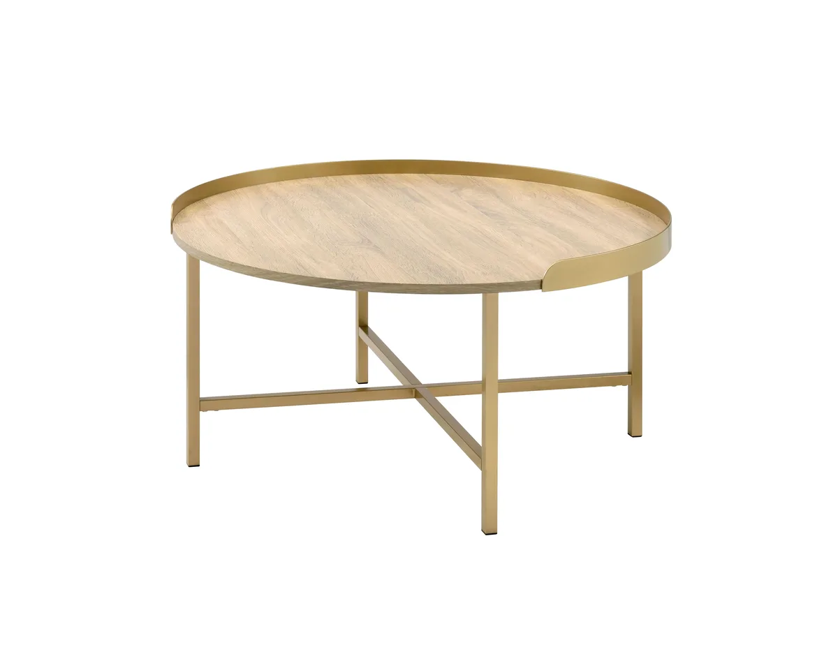 Round oak tabletop with gold metal cross-bar base