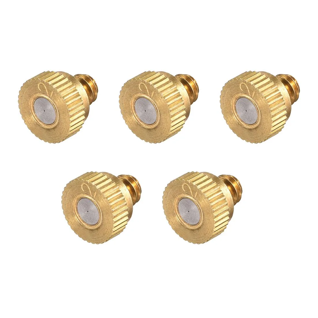 Five brass misting nozzles with stainless steel tips and UNC 10-24 threads