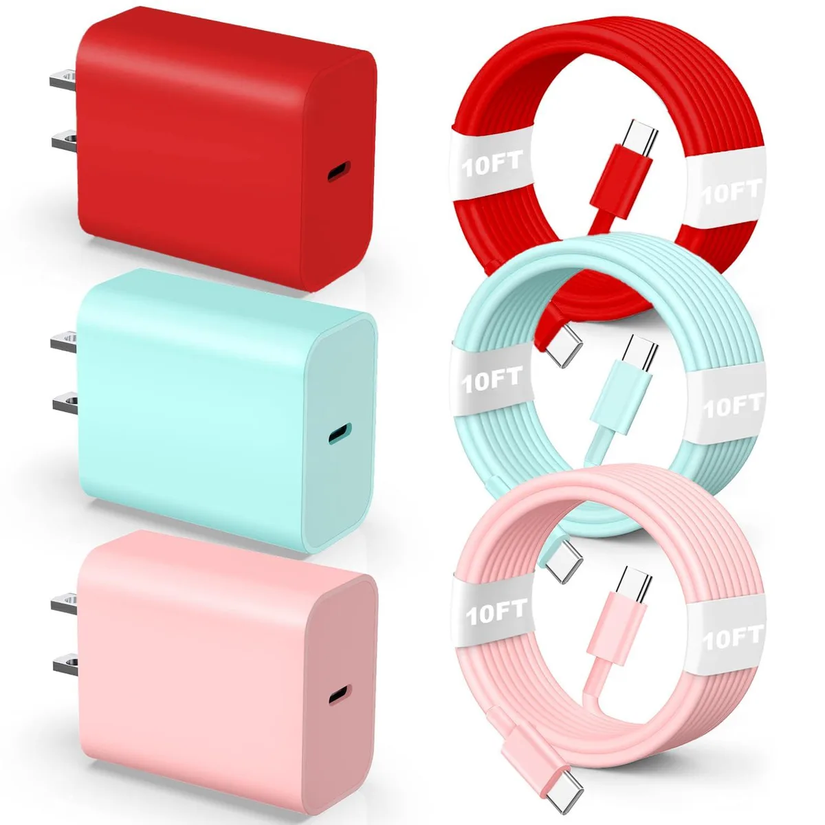 KEHIPI KEHIPI A2379 USB C to USB C cable 10ft 3-pack 60W 480Mbps red green pink — product photo