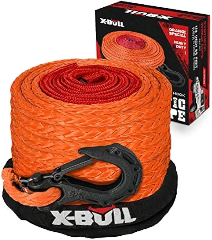 Orange synthetic winch rope on drum with forged hook and protective sleeve