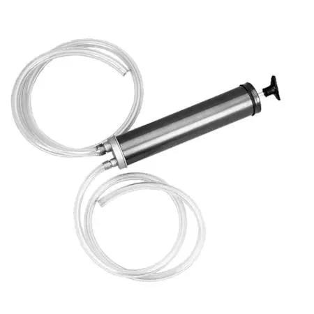 Silver fluid transfer gun with two clear vinyl hoses attached, 16 oz capacity, single stroke operation
