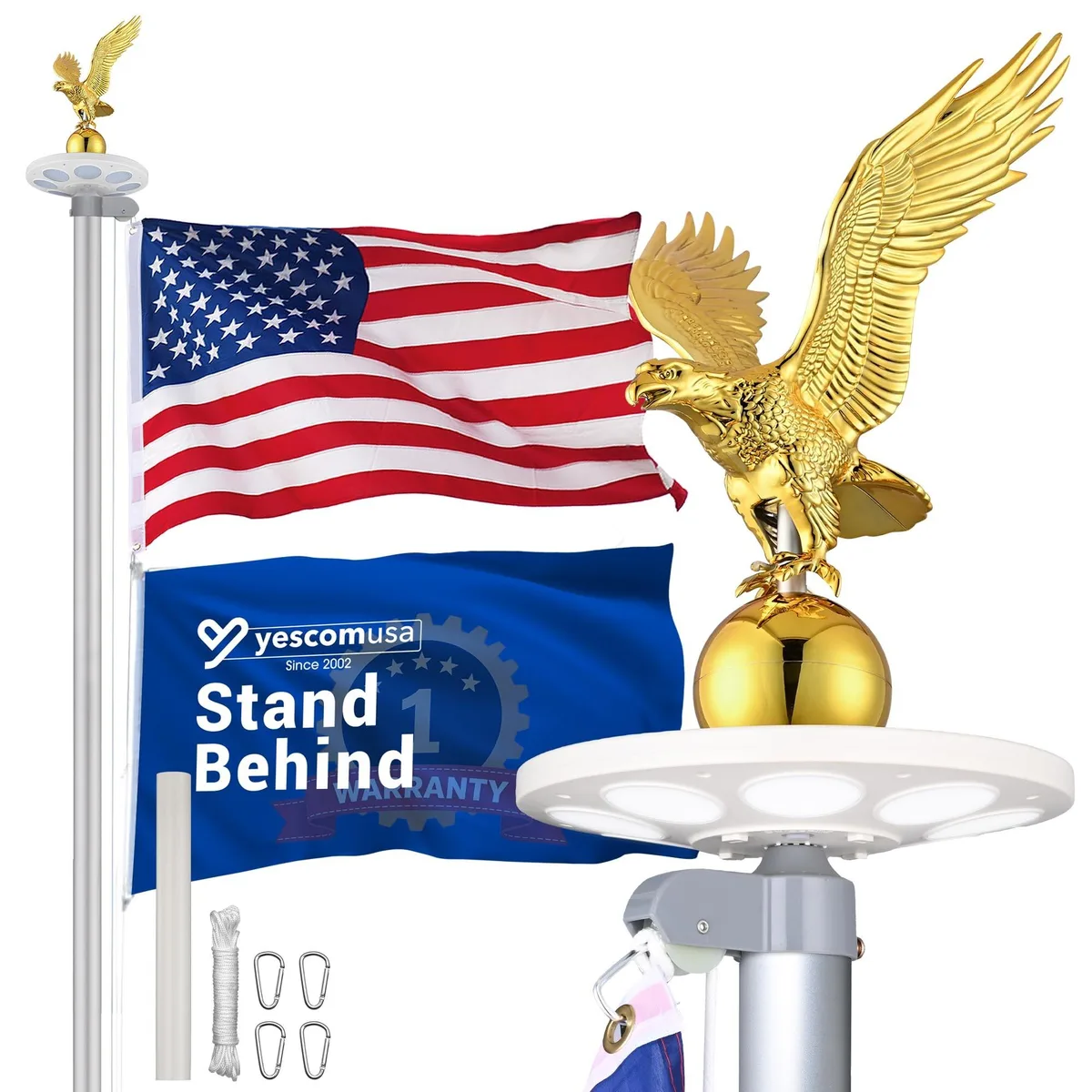 Yescom USA, Inc. Yescom USA, Inc. Bravery 20ft Sectional Aluminum Flag Pole Kit Solar Light Silver 22FLPSET034-20S11-L1 — product photo