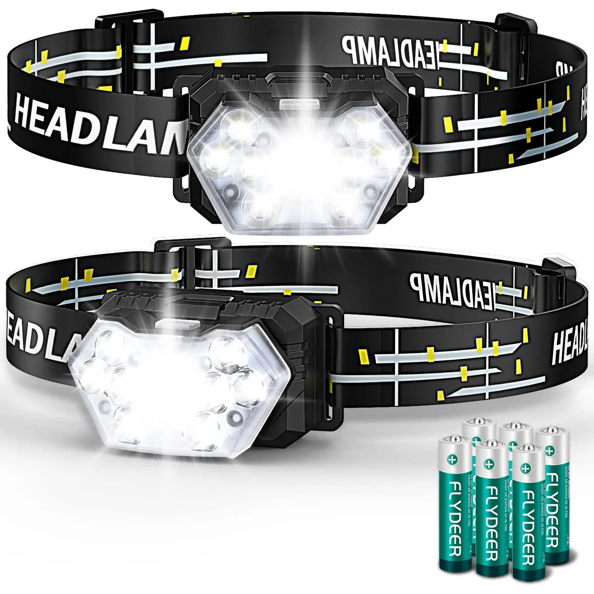 Two black headlamps with nine LED lenses and adjustable straps