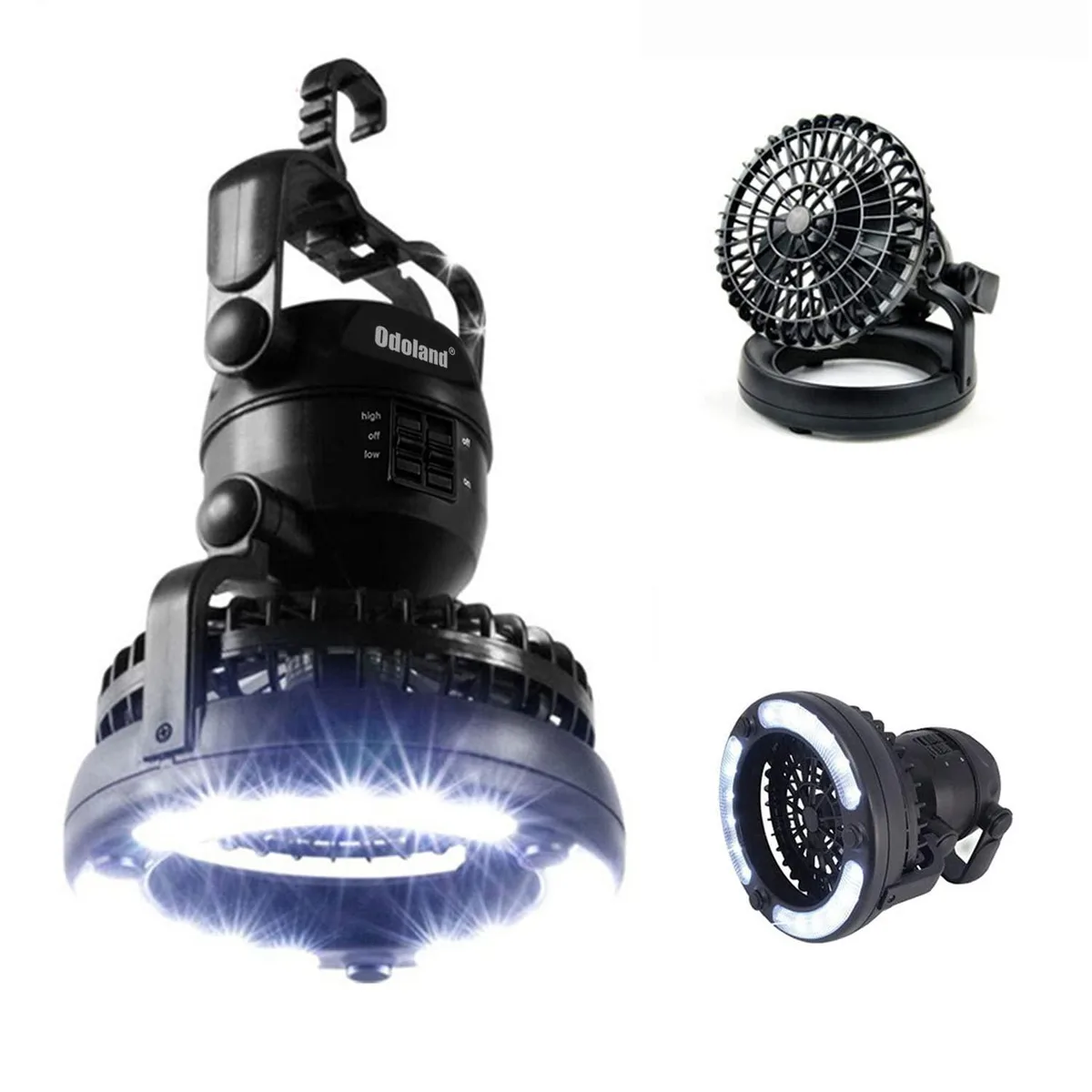 Black collapsible LED lantern with built-in ceiling fan and hanging hook