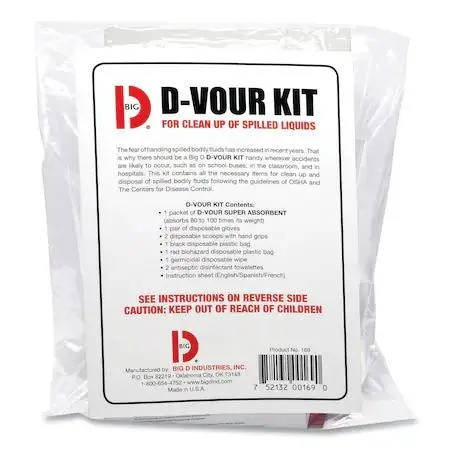 Clear bag spill kit with absorbent solidifier, gloves, towelettes and guide booklet