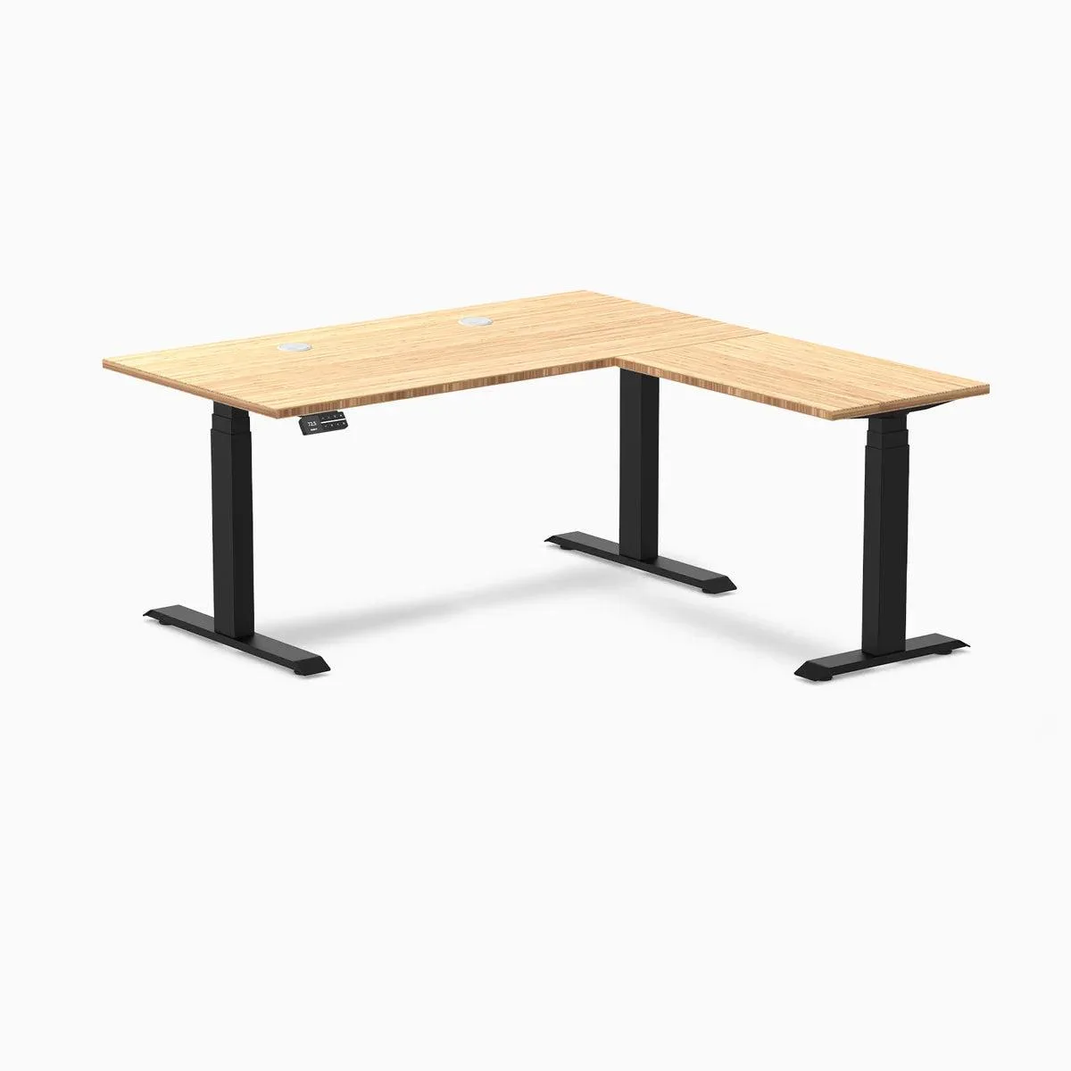 Desky Desky Bamboo L-Shape Sit Stand Desk 60 x 30 x 62 x 20 in Matte Black office furniture — product photo