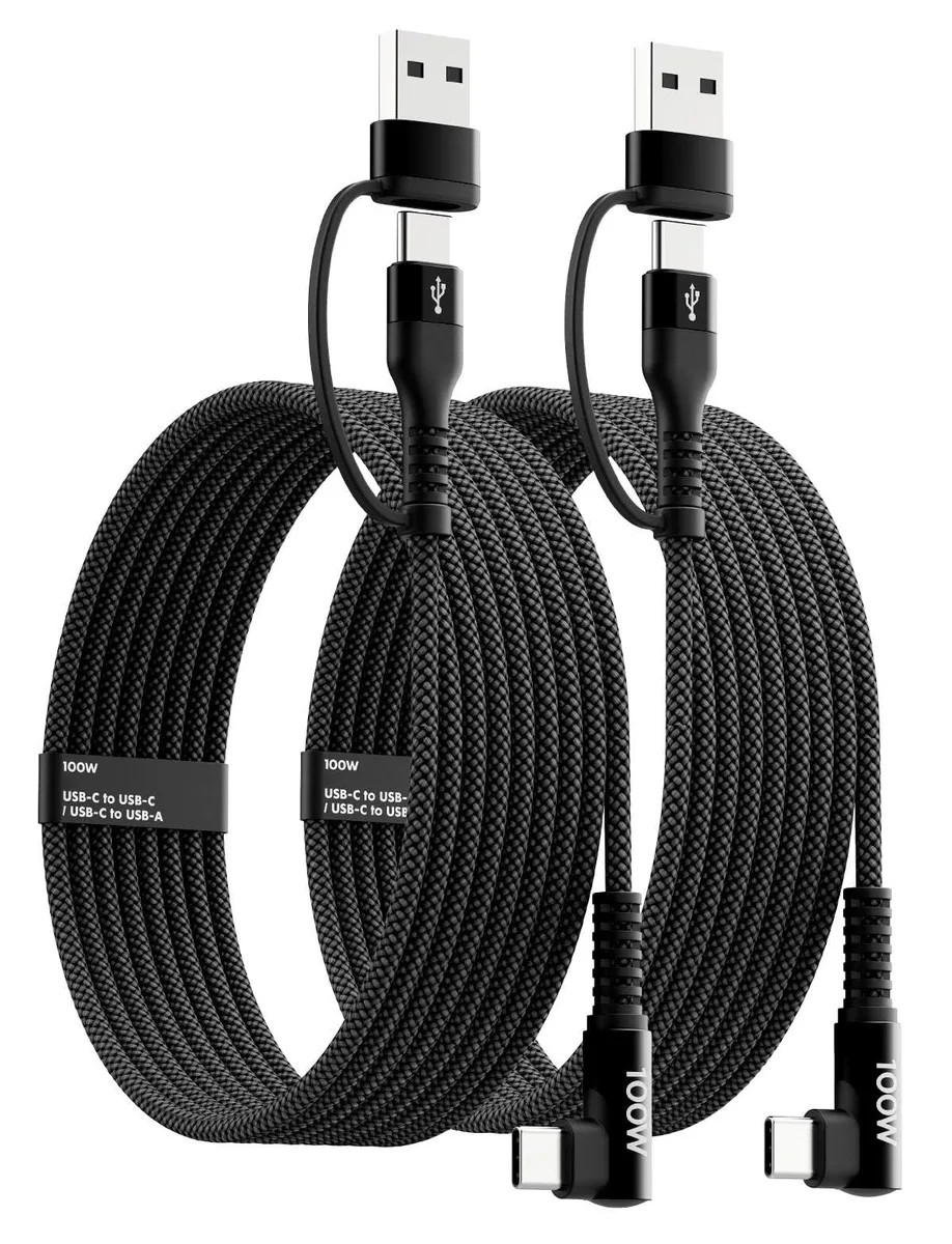 Two black braided USB-C cables with 90-degree connectors, six feet long