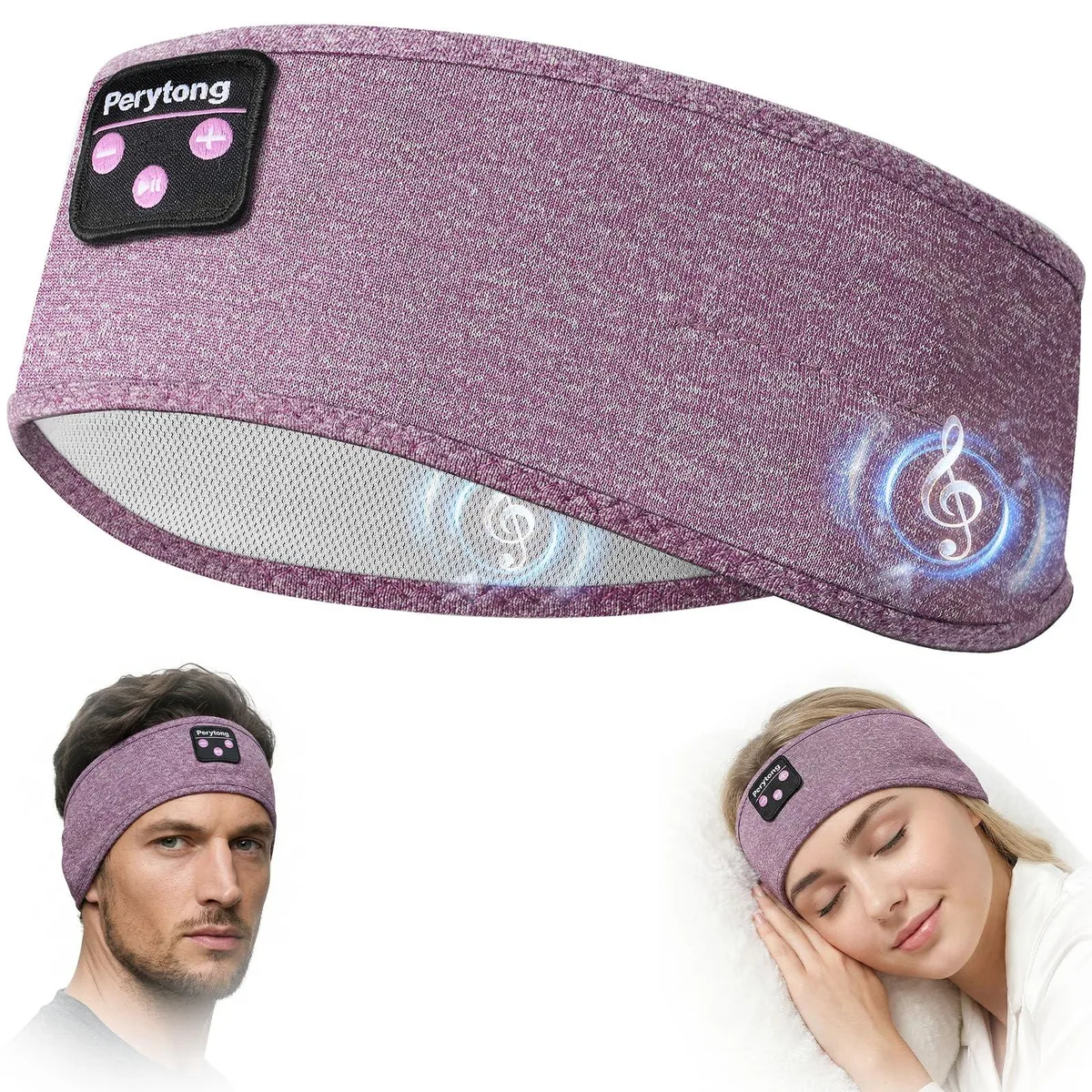 White fabric headband with flat on-ear speakers and central Bluetooth module