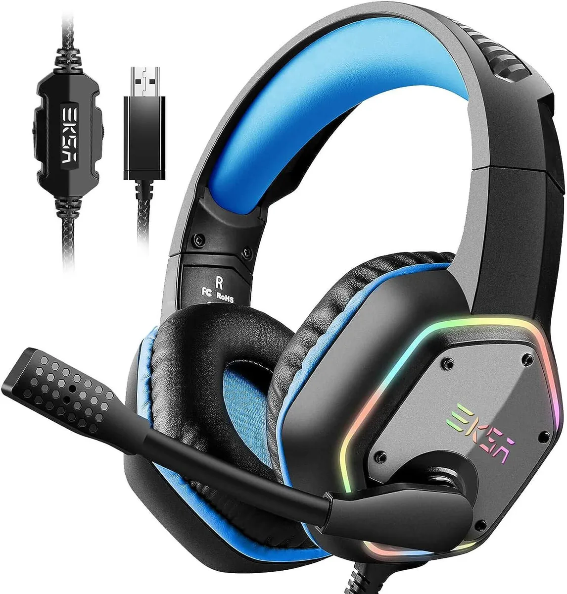 Blue wired gaming headset with RGB lighting and 50mm drivers