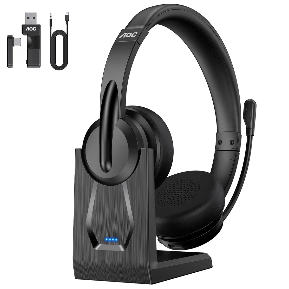 Black on-ear wireless headphones with charging base