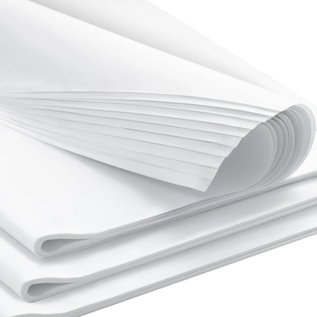 A stack of 270 white tissue paper sheets, 20 by 20 inches, on a roll