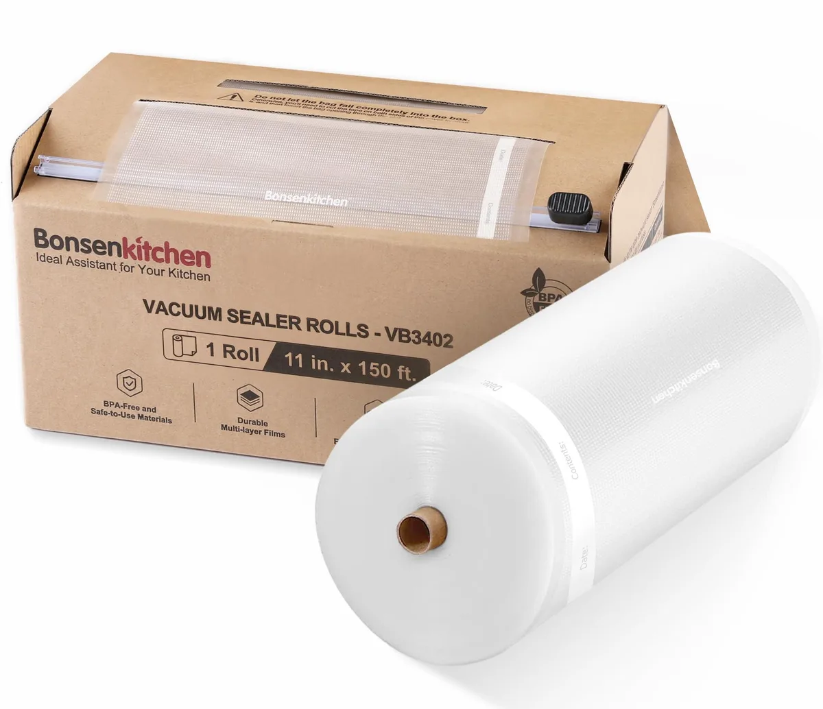 Clear polyethylene vacuum sealer roll in cutter box, 11 inch by 150 foot