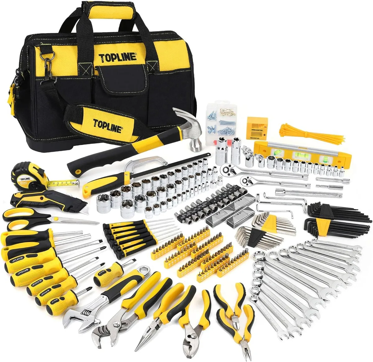 Open 16-inch tool bag showing 467-piece household tool set with sockets, wrenches, screwdrivers, pliers, hammer, and hardware inside