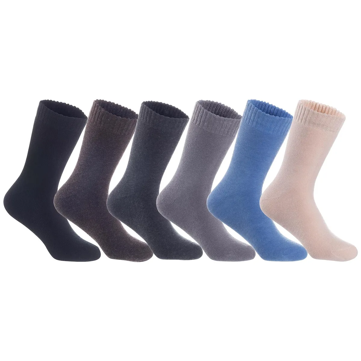 Six pairs of women's wool crew socks in assorted colours