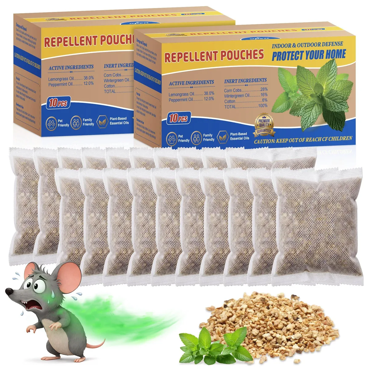 Twenty small fabric pouches in a cardboard box, each filled with botanical granules