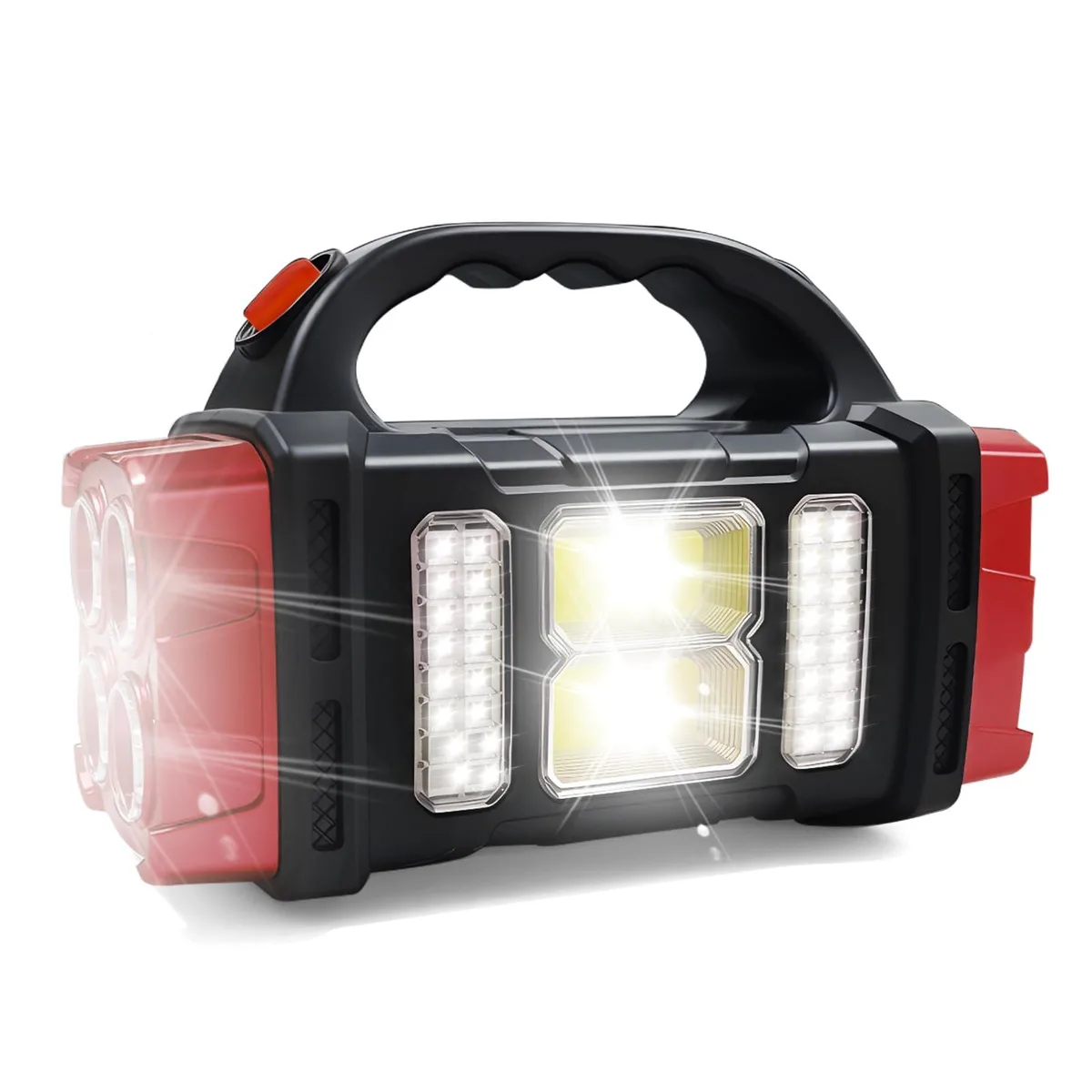 Red rectangular handheld flashlight with solar panel and USB-C port