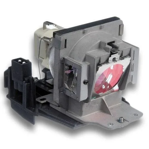 A rectangular projector lamp module with black housing and a clear glass bulb visible through the front aperture