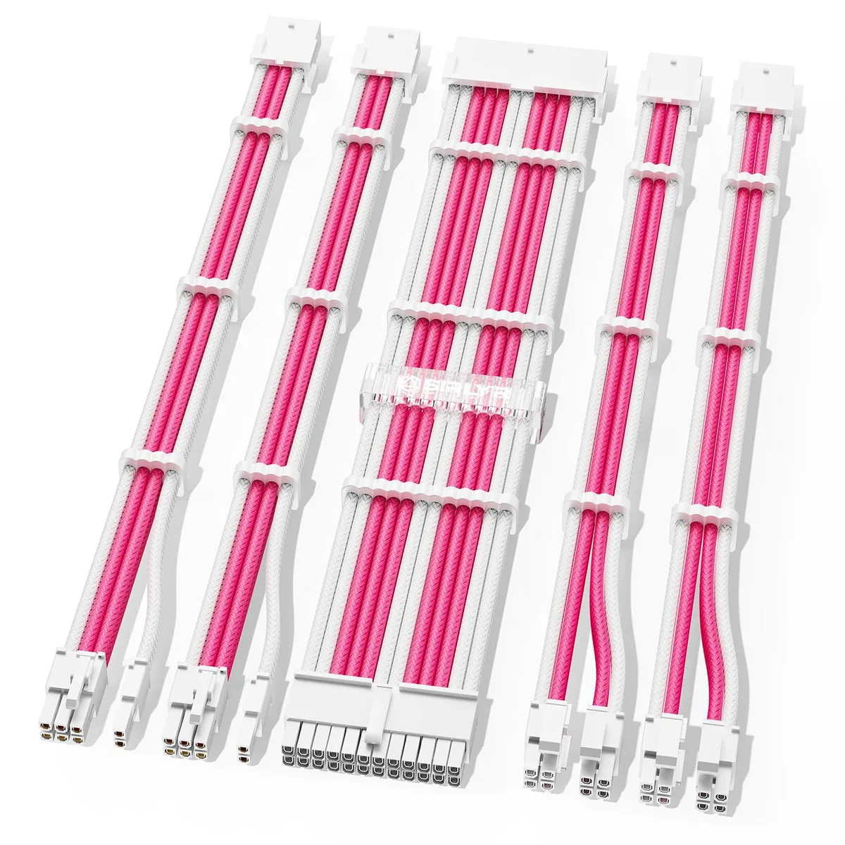 Sirlyr PSU Extension Cable Kit Pink White 16AWG 5PCS 1x24Pin ATX 2x8Pin EPS 2x8Pin PCI-E 18 Combs — product photo
