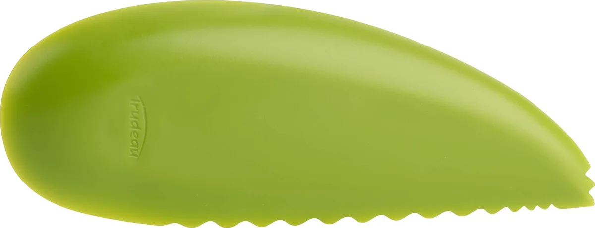 Green plastic avocado slicer with serrated edge and scoop