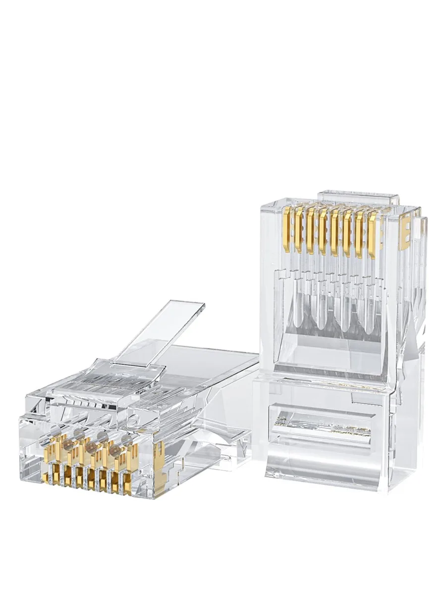 Clear plastic RJ45 plugs with gold contacts, pack of 50