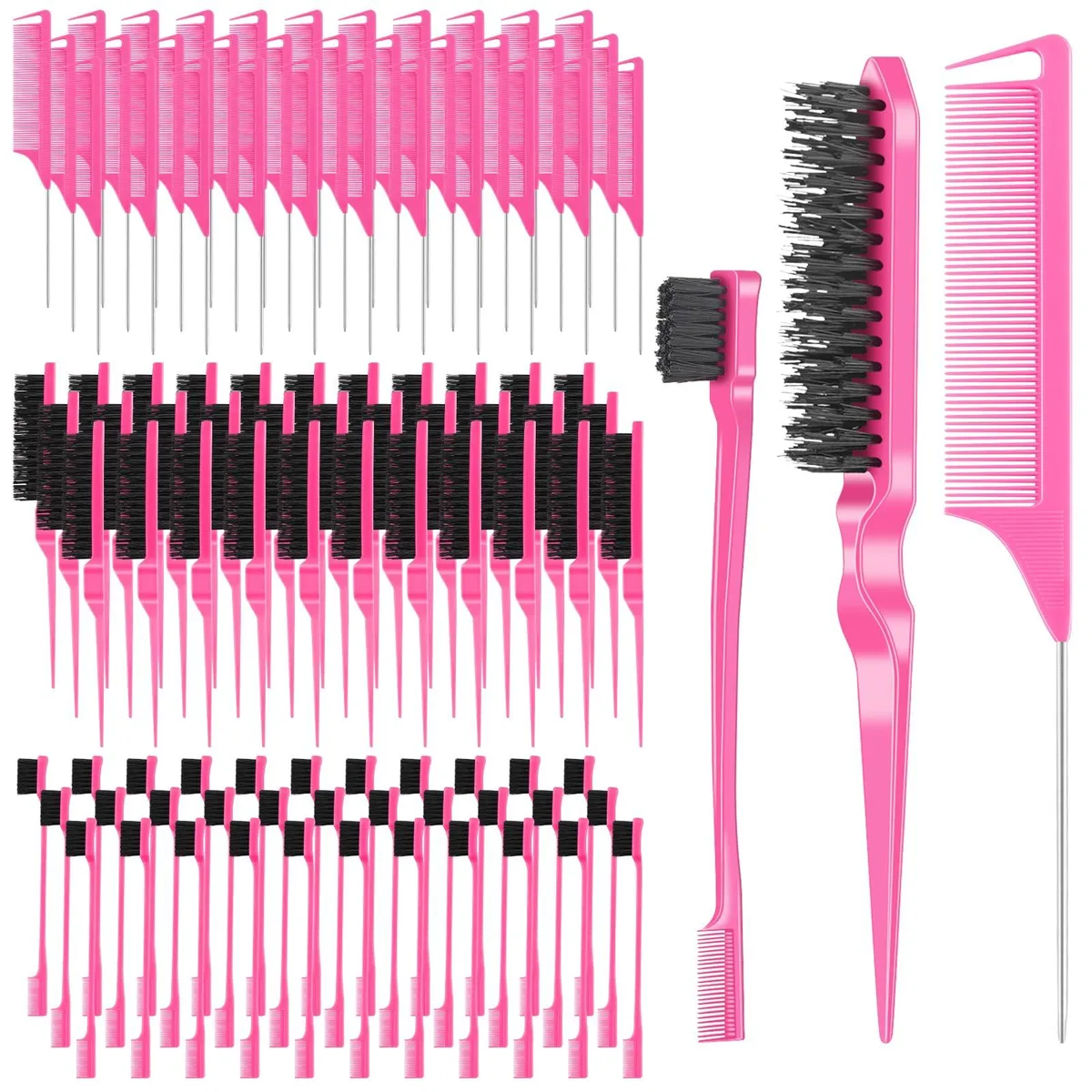Pink bulk hair styling set with 102 pieces including teasing brushes rat tail combs and edge brushes