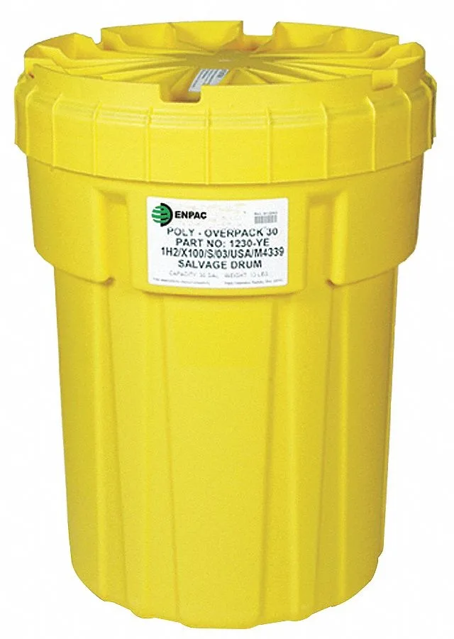 Yellow open-head salvage drum, 30 gal, HDPE body and lid, screw-on closure, 6.35 mm wall thickness