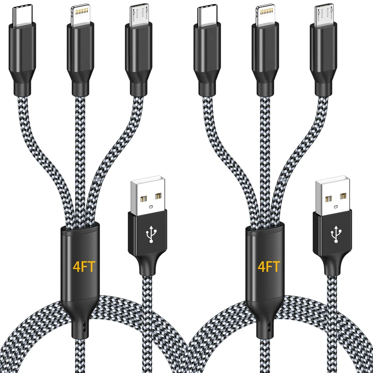 Two grey braided cables with three connectors each
