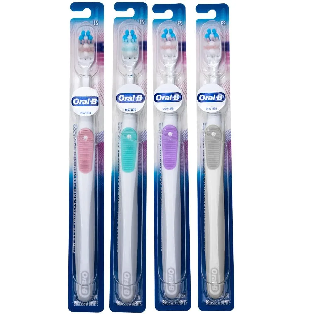 Four multicolour manual toothbrushes with compact heads and ultra-soft bristles