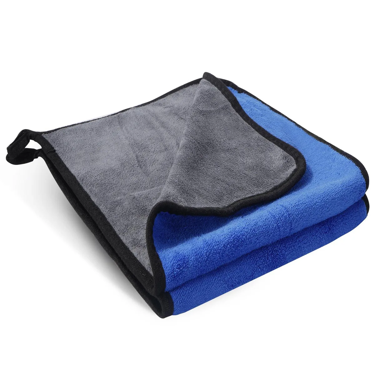 Two large rectangular microfiber cloths with hanging loops, light grey finish