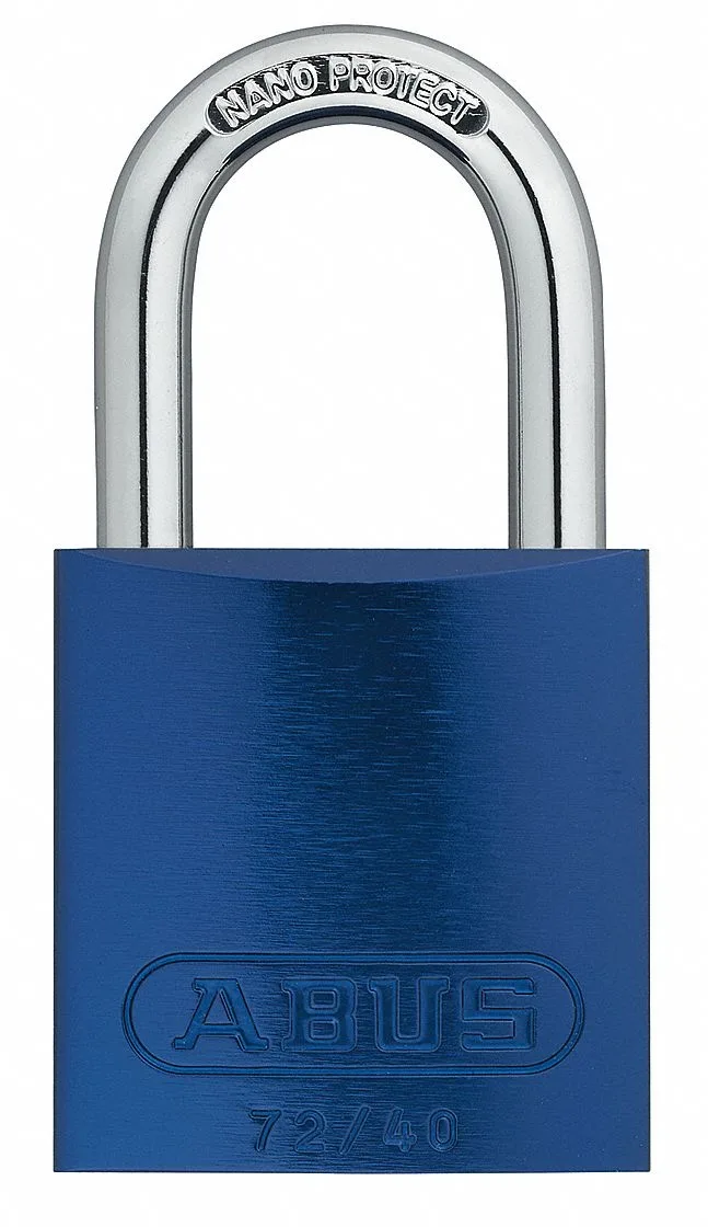 Blue anodised aluminium lockout padlock with hardened steel shackle