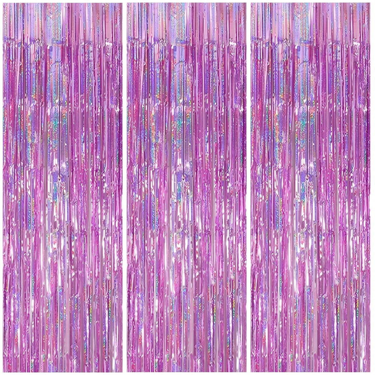 Three pink foil fringe curtains each 3.28 by 6.56 feet with self-adhesive tops
