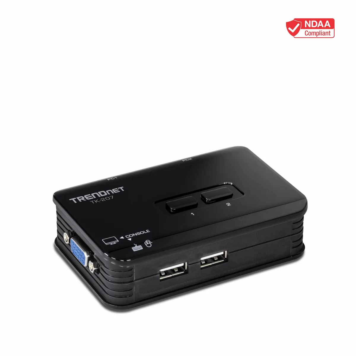 Compact black KVM switch with front push button and rear VGA USB ports
