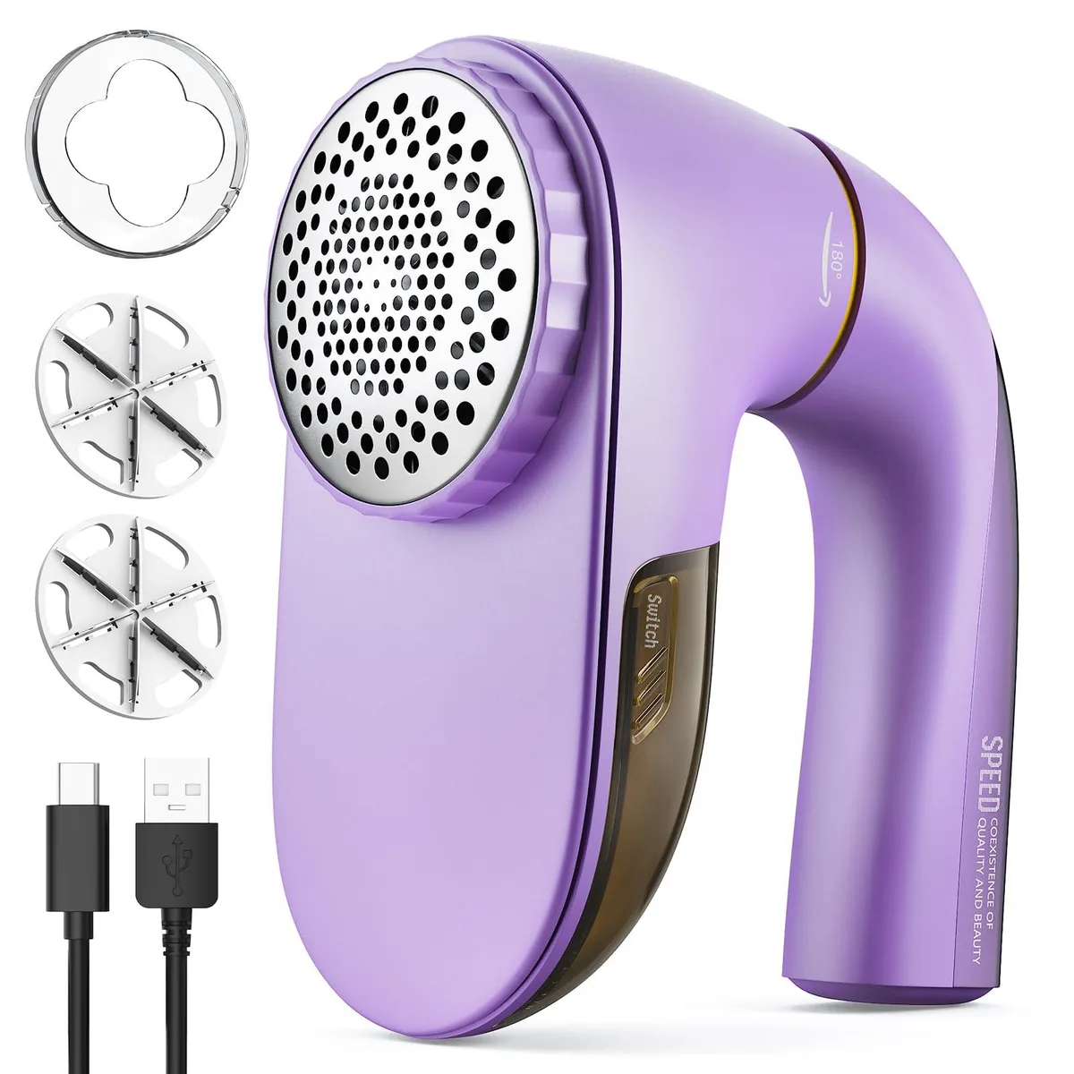 Purple fabric shaver with rotatable handle and USB-C port