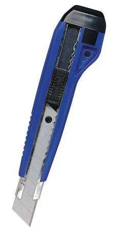 Blue retractable snap-off utility knife with ergonomic soft-grip handle and metal channel