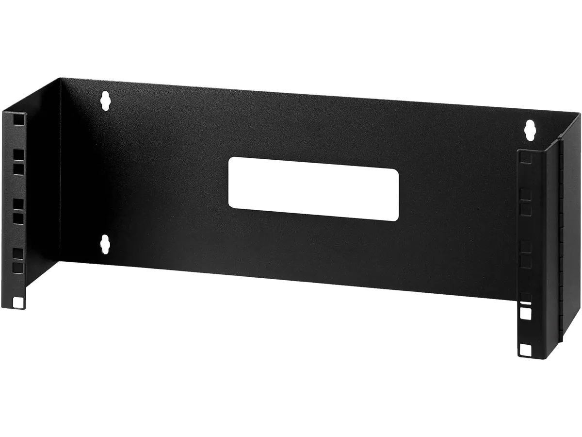 Black 4U hinged wall mount bracket open frame 19in equipment mounting