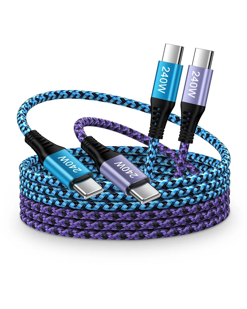 Blue nylon-braided USB-C to USB-C cable, six feet long, male-to-male connectors