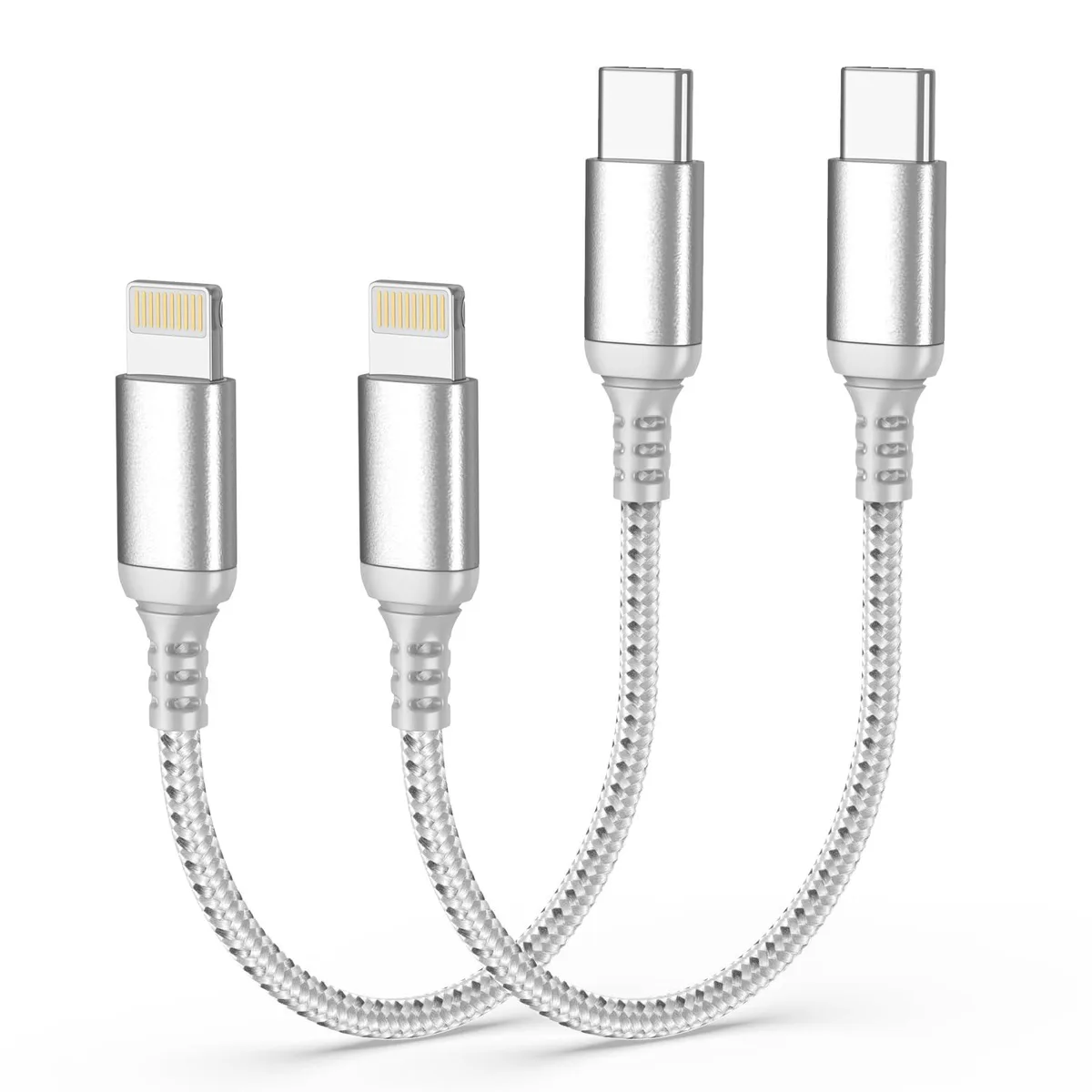Two short gray USB-C to Lightning cables, braided, six inches long