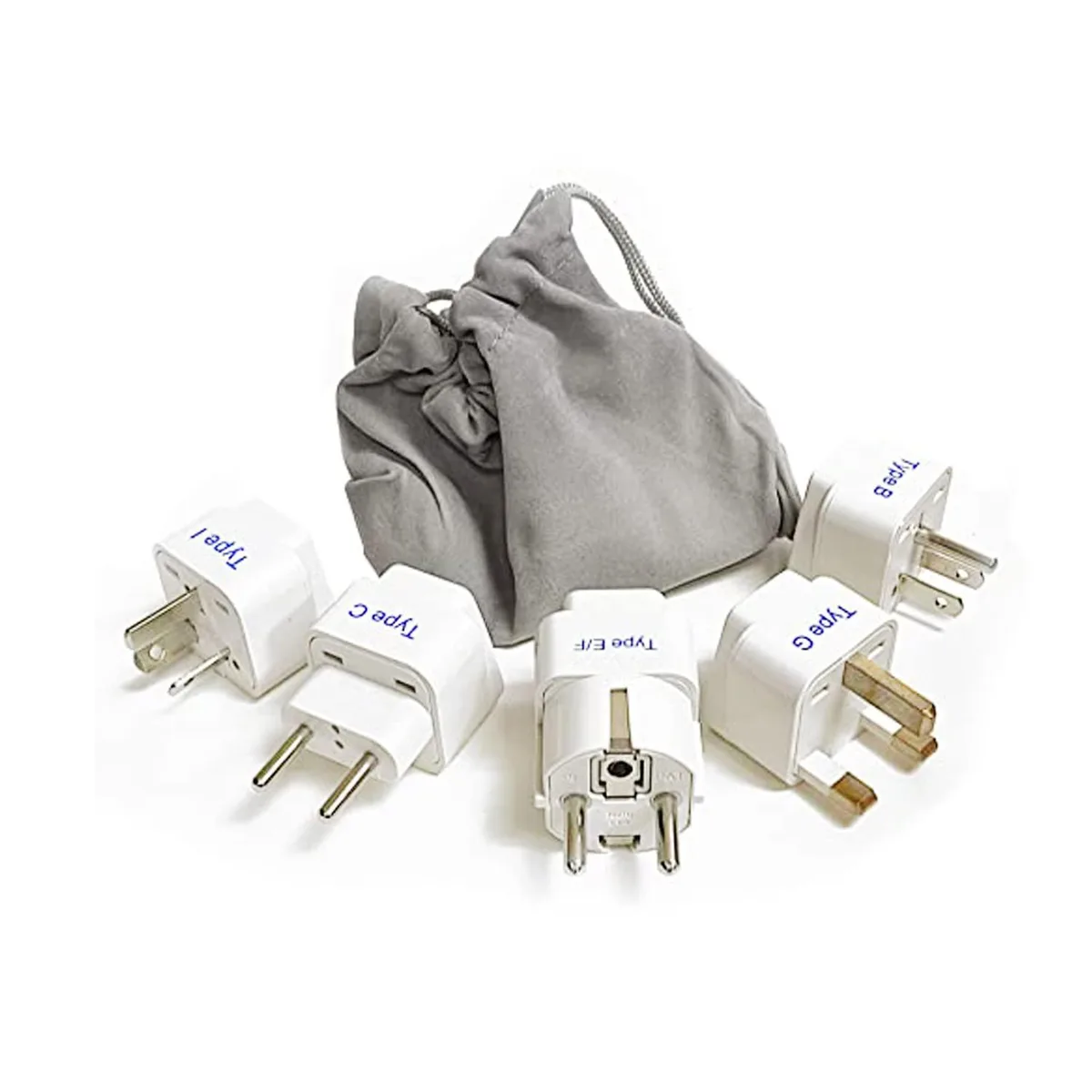 Five white travel adapters in a paper-white finish, compact rectangular forms with varied prong layouts, shown with a small pouch