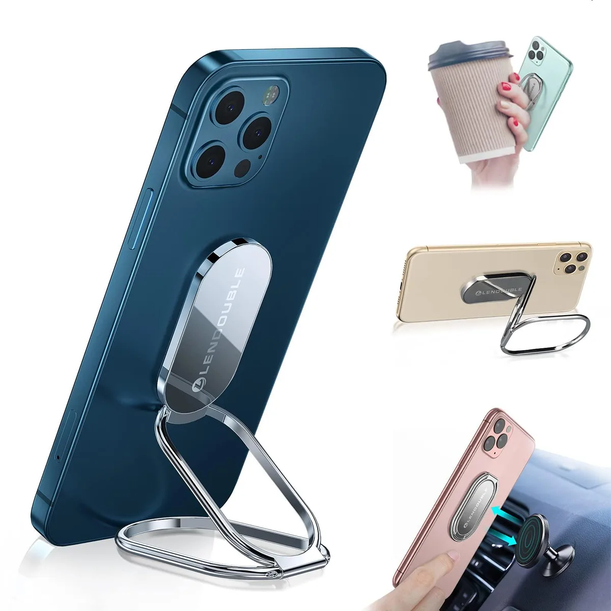 Silver foldable ring grip stand with adjustable metal hinge, shown open on flat surface