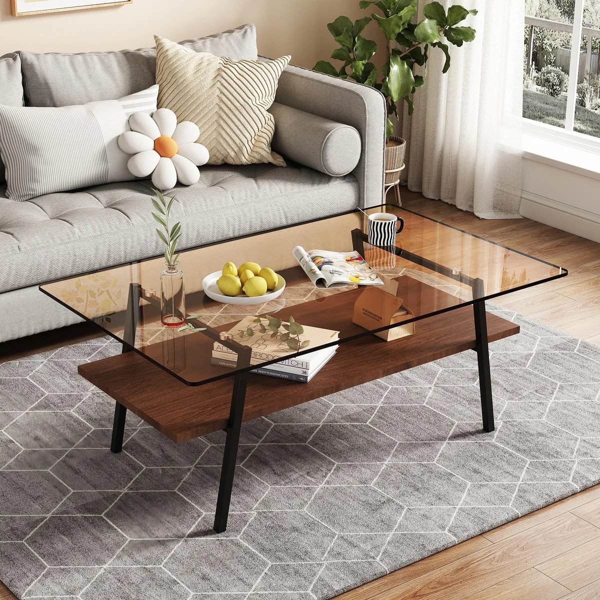 tuphen tuphen Rectangle Coffee Table Brown Glass 38.58"L x 22.84"W x 16.73"H 220lbs — product photo
