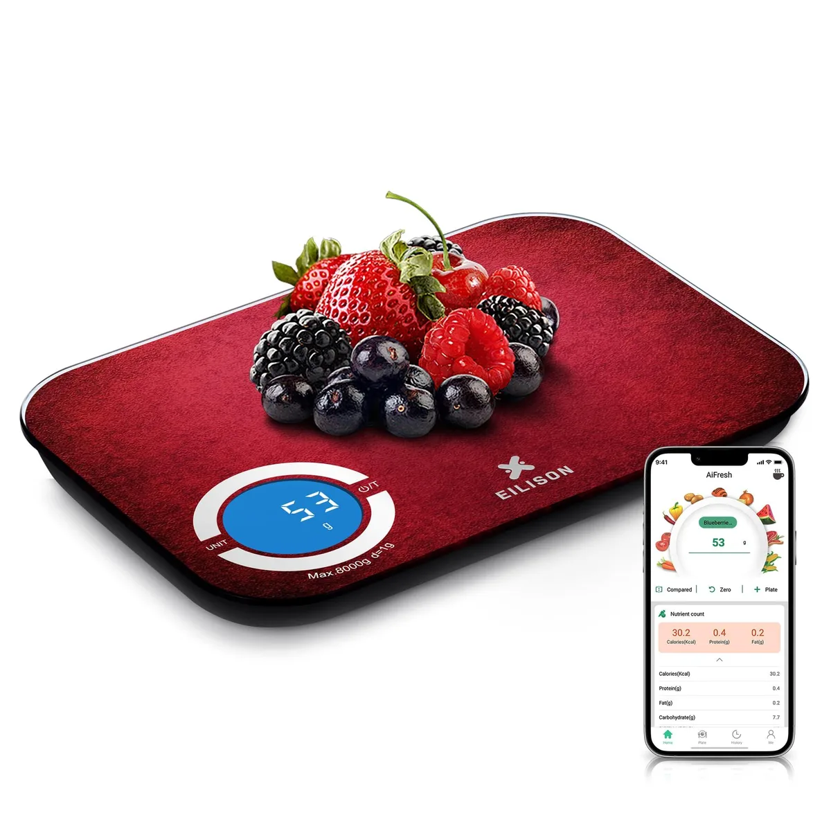 Yellow rectangular kitchen scale with glass top and touchscreen display