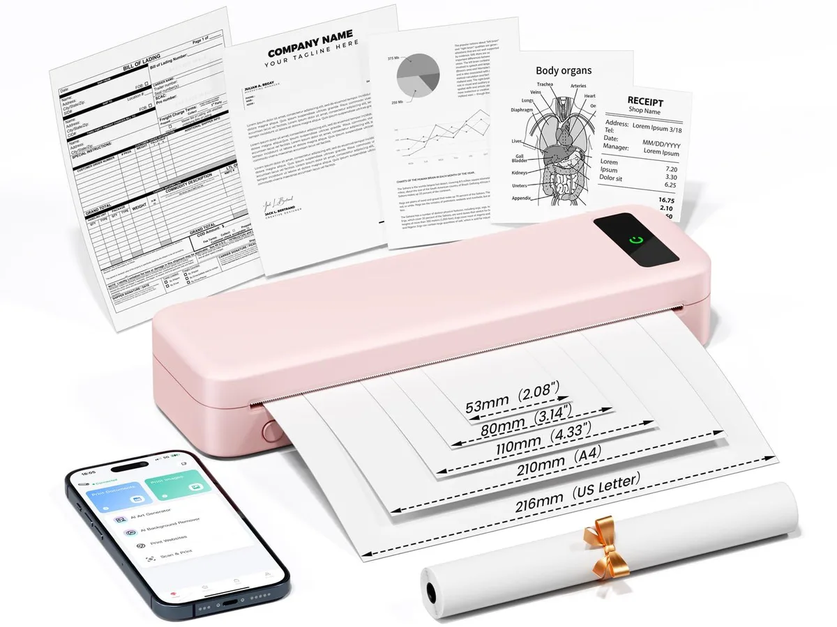 Pink thermal receipt printer, compact rectangular shape, smooth matte finish, USB-C port visible