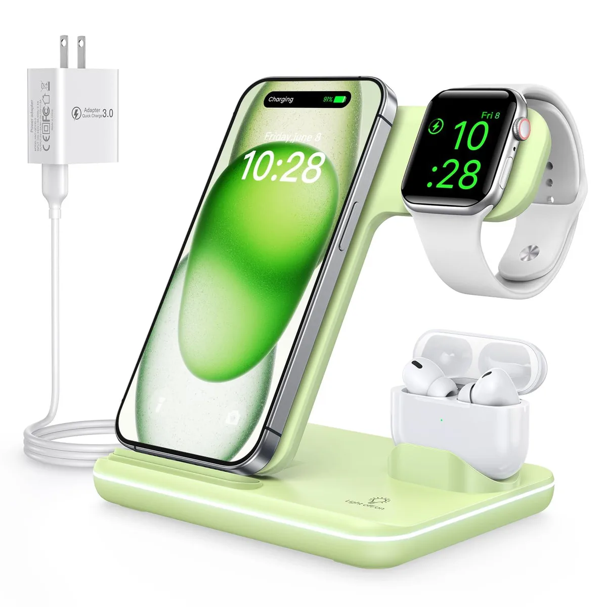 Green foldable 3-in-1 wireless charging station with phone, watch and earbud pads