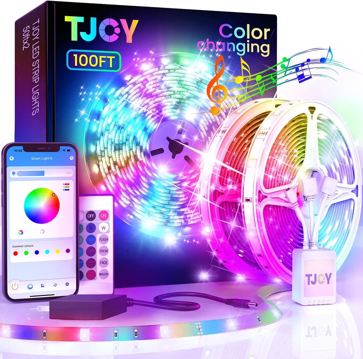 White 100 ft LED strip light kit with clear prismatic cover, Bluetooth app and remote control, AC adapter included