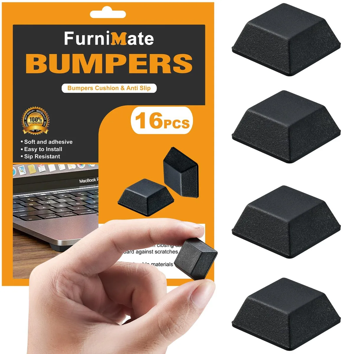 Sixteen black adhesive rubber bumpers on a backing sheet